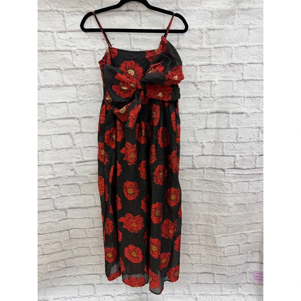 Sister Jane‎ Dream Bardot Dress Red Floral Jacquard Bow Midi XS Sleeveless Black